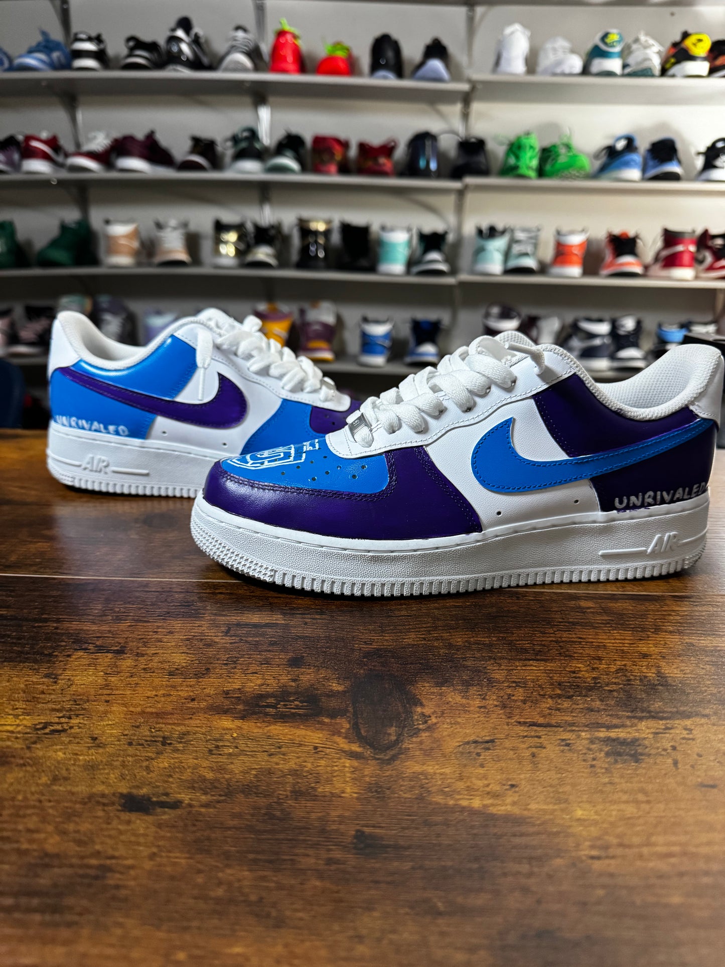 Purple and blue Unrivaled-themed Air Force 1 with logo on toe